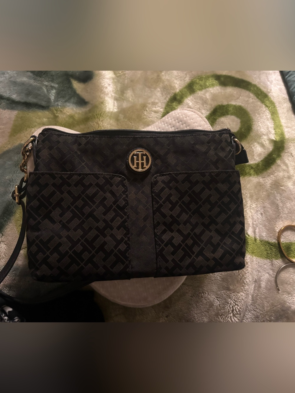 Tommy Hilfiger Black and Gold Logo Messenger Bag